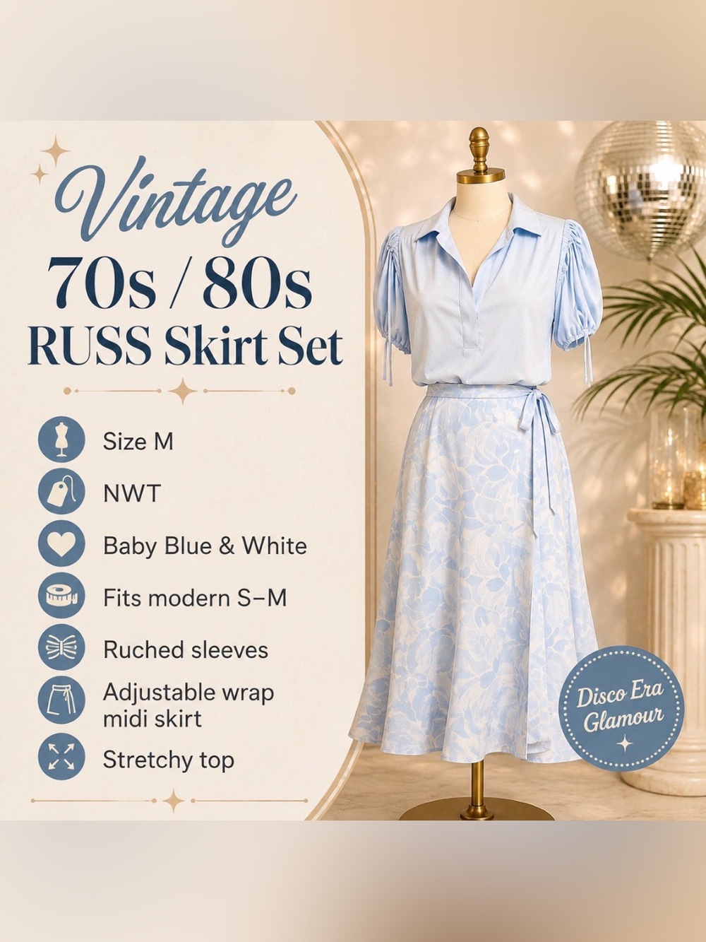 *Vintage skirt set by Russs.. 70’s -original tags- silky poly knit- disco era
